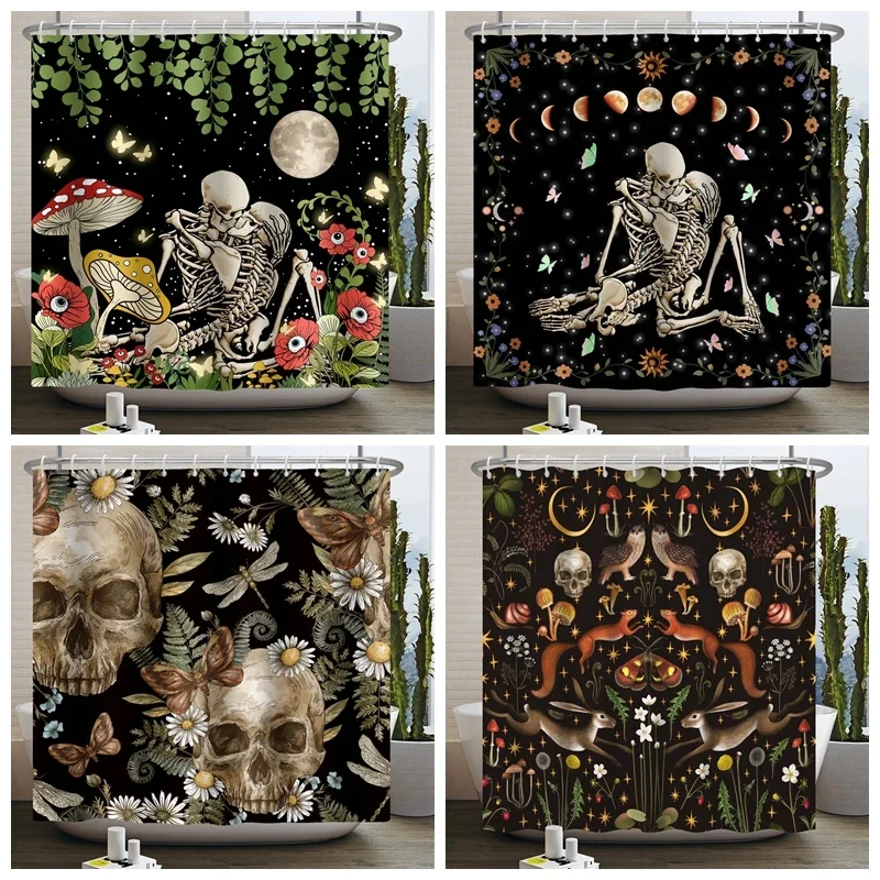 Sugar Skull Shower Curtain for Bathroom Psychedelic Kiss Skeleton Flower Mushroom Plant Floral Gothic Waterproof Bath Curtain