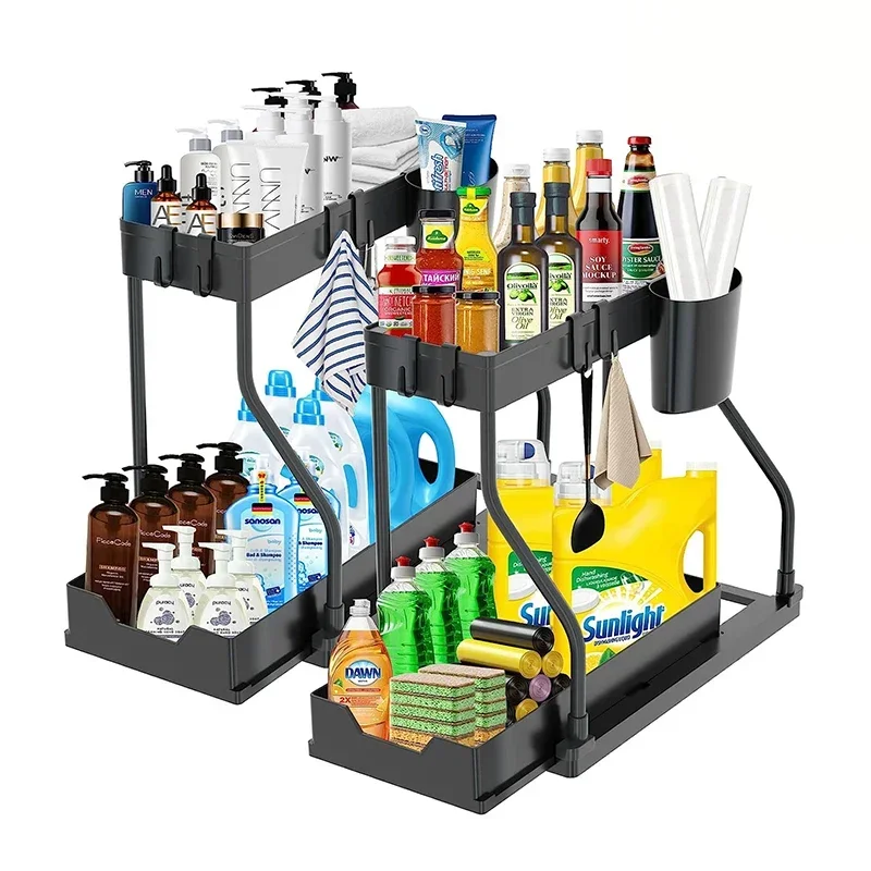 

Multifunctional Drawer Shelf Organizer, Under Sink Storage, Kitchen Rack, Bathroom Table Cabinet, 2 Layers Pull Out Wall shelfs