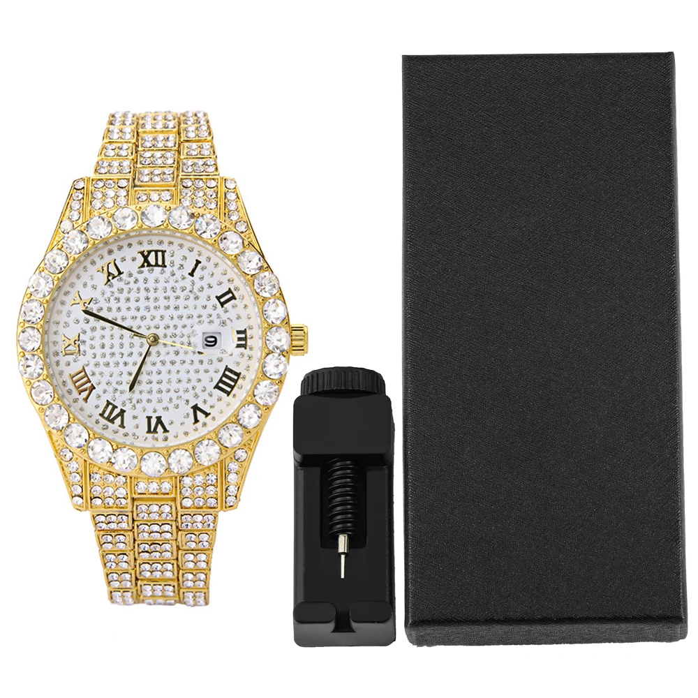 Hip-hop Punk Quartz Watch Stylish Full Diamonds Watch 2 Styles to Choose Bundled Size Adjuster Men Women Party Jewelry Gift Box