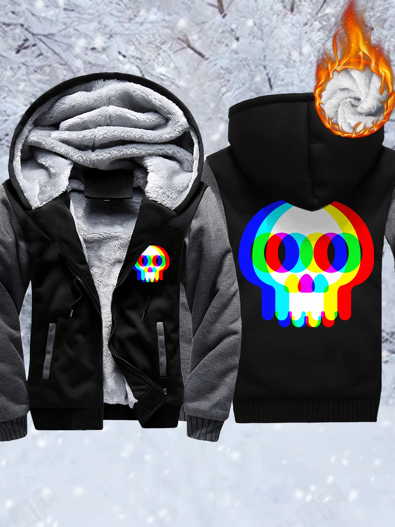 Felpa da uomo con motivo teschio colorato e alucinazione, cappotto spesso, morbido streetwear, giacca da esterno in pile di alta qualità