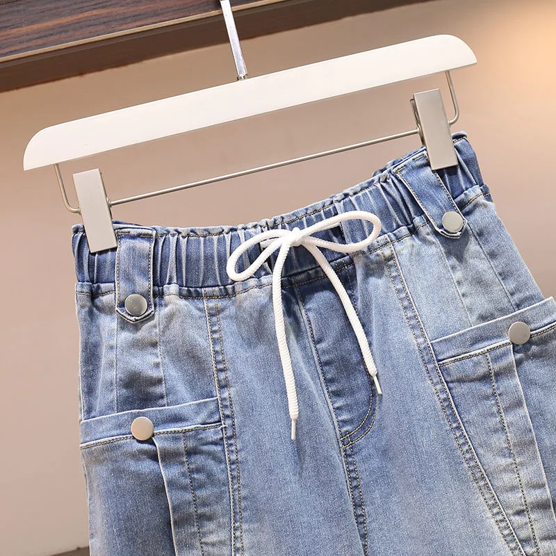 Women Fashion High Waist Baggy Jeans Pants Korean Streetwear Calf-Length Denim Capris Pants Summer Breeches 4XL
