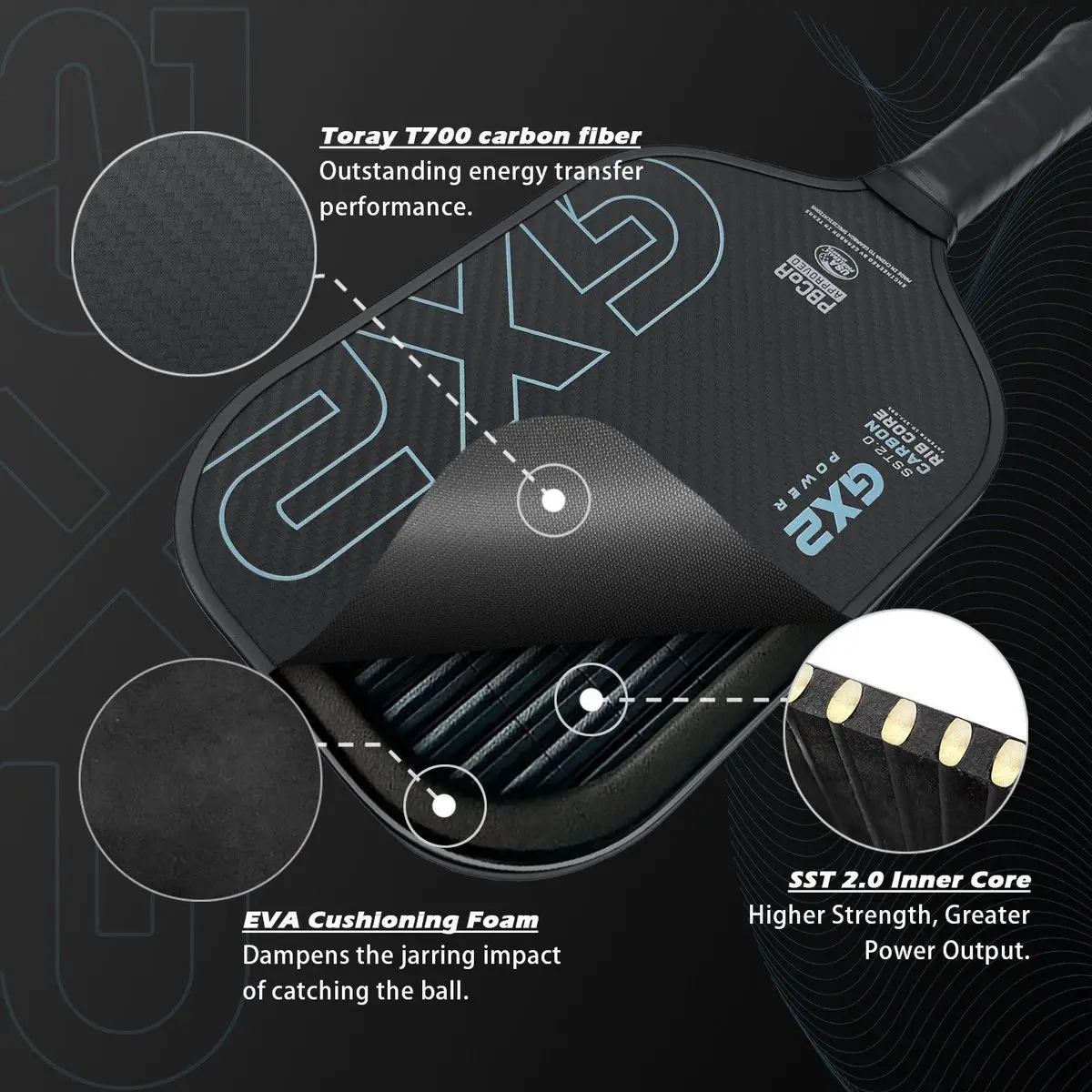 GX2 Elongated SSTCORE 2.0 3k gewebter Rohkorb 16mm Toray T700 Mittelmodul-Kohlefaser, thermoformbar, einteilig geformter Pickleball-Schläger – Detail 3