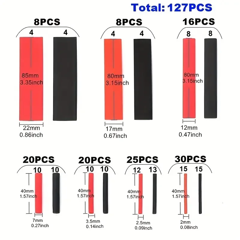 Bužírky 2:1 sortiment polyolefinu trubice auto kabel návlačky balit drát souprava 127pcs černá červený horko stáhnout