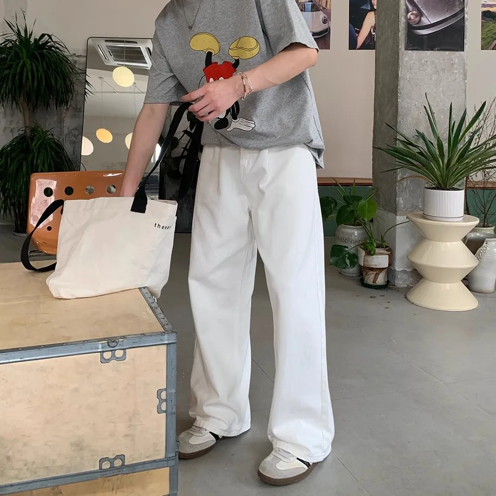 Korean-Style Basic Simple Straight-Leg Jeans Men, Loose Fit, Retro Casual Long Pants, Trendy For Spring And Autumn