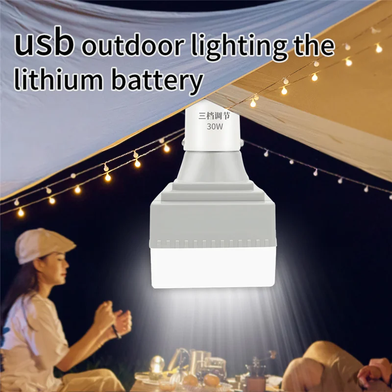 30W USB Rechargeable Light Bulb with Hanging Hook Square LED Bulb Lamps Outdoor Waterproof BBQ Camping Emergency Lighting Bulb