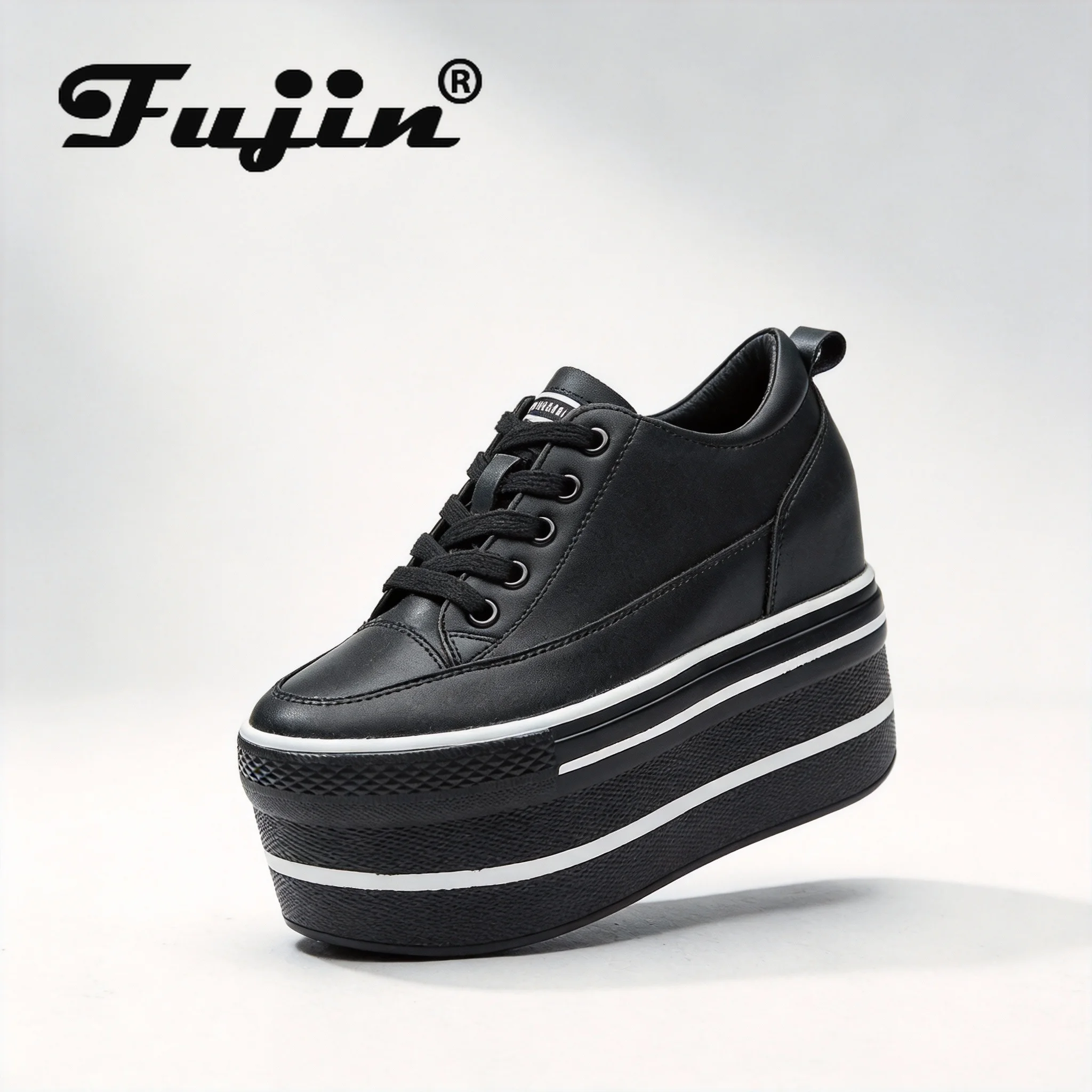 

Fujin/женская повседневная обувь на высоком толстом каблуке 10,5 см и платформе на плоской подошве, повседневная обувь из натуральной кожи, мягкие качественные кроссовки, белые, черные