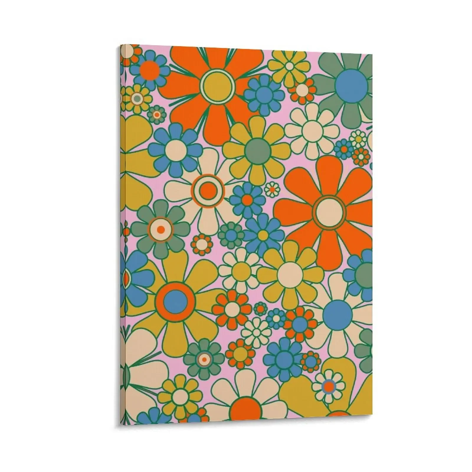 

Retro Garden Flowers Groovy Floral Cheerful 60s 70s Pattern Mustard Orange Blue Green Beige on Pink Canvas Painting