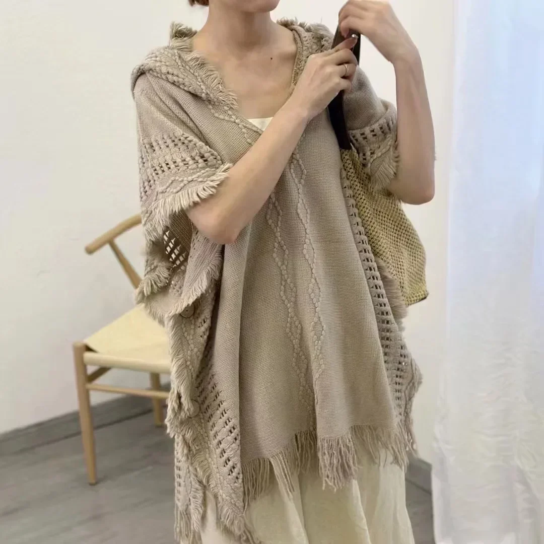 2025 Chal poncho con capa de ganchillo con capucha - Abrigo de punto con flecos Boho Chic para mujer, ropa de abrigo versátil para primavera y otoño