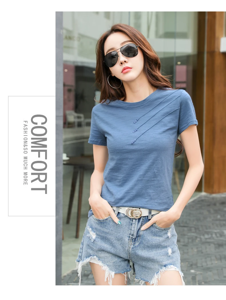 AOSSVIAO 2026 Summer Solid Color Women's T-Shirts Slub Cotton O-Neck Short Sleeve T-Shirt Loose Casual Simple Button Basic Top