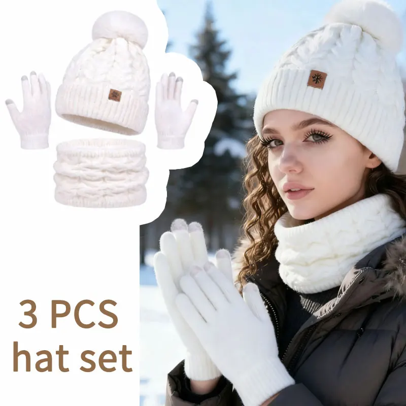 3Pcs Women Winter Hat Scarf Gloves Set Christmas ，Teensager Beanie Neck Warmer Suit Pompom Knitted Woman Men CapSet