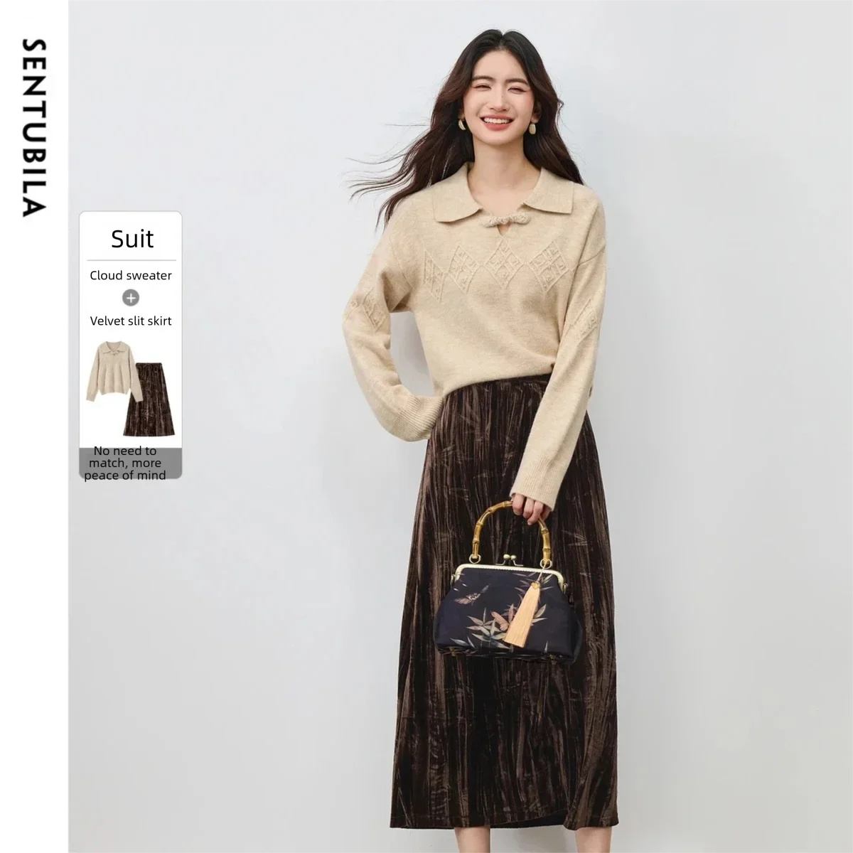 

SENTUBILA New Two Piece Set for Women 2025 Winter Wool Blend Argyle Sweater Velvet Mid Calf Skirt Loose Matching Set 754ZC4187Z