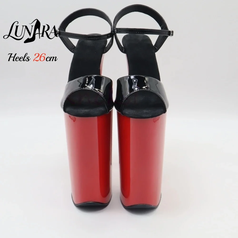 26cm/10Inch Black Red Patent Extreme Platform High Heel Sandals Ankle Strap Open Toe Sexy Nightclub Party Stage Non-slip Ladies