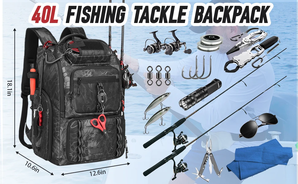 40L Wasserdichter Angelrucksack mit 4 Köderboxen Multifunktionaler Fisch-Tackle-Rucksack Köder-Organizer Aufbewahrungstasche für Outdoor-Wanderungen – Detail 3