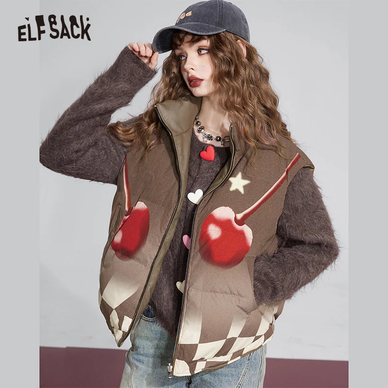 

ELFSACK Graphic Brown PU Thicken Vest Women 2023 Winter New Designer Warm Outwears