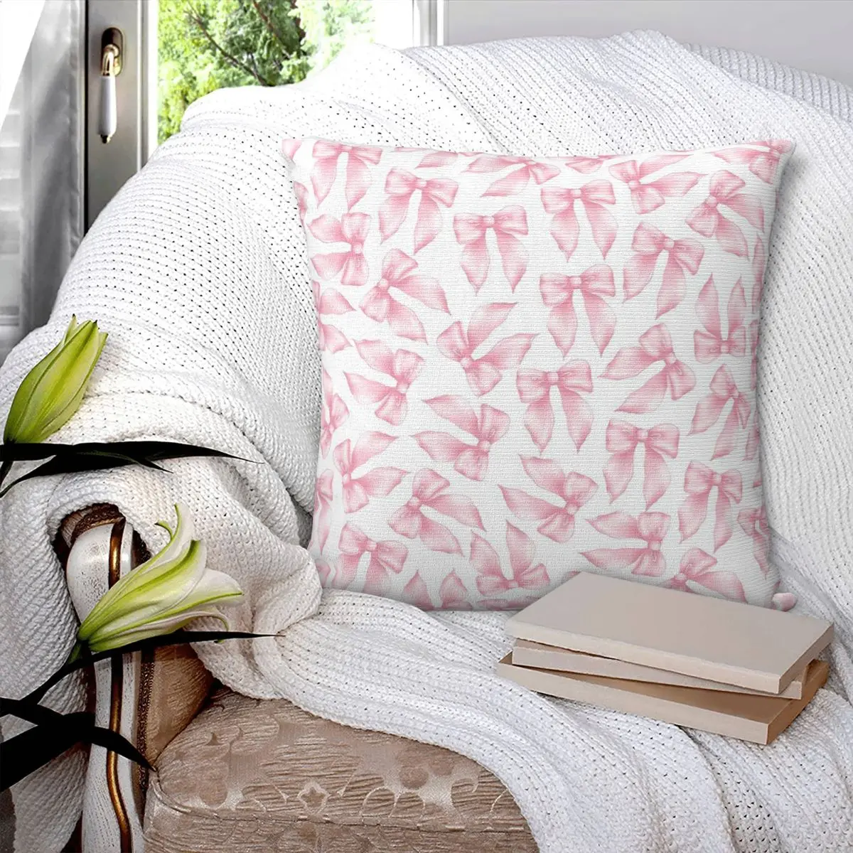 Cochuette Pink Bow Bliss-pattern Square Pillowcase Pillow Cover Cushion Zip Decorative Comfort Throw Pillow for Home Living Room