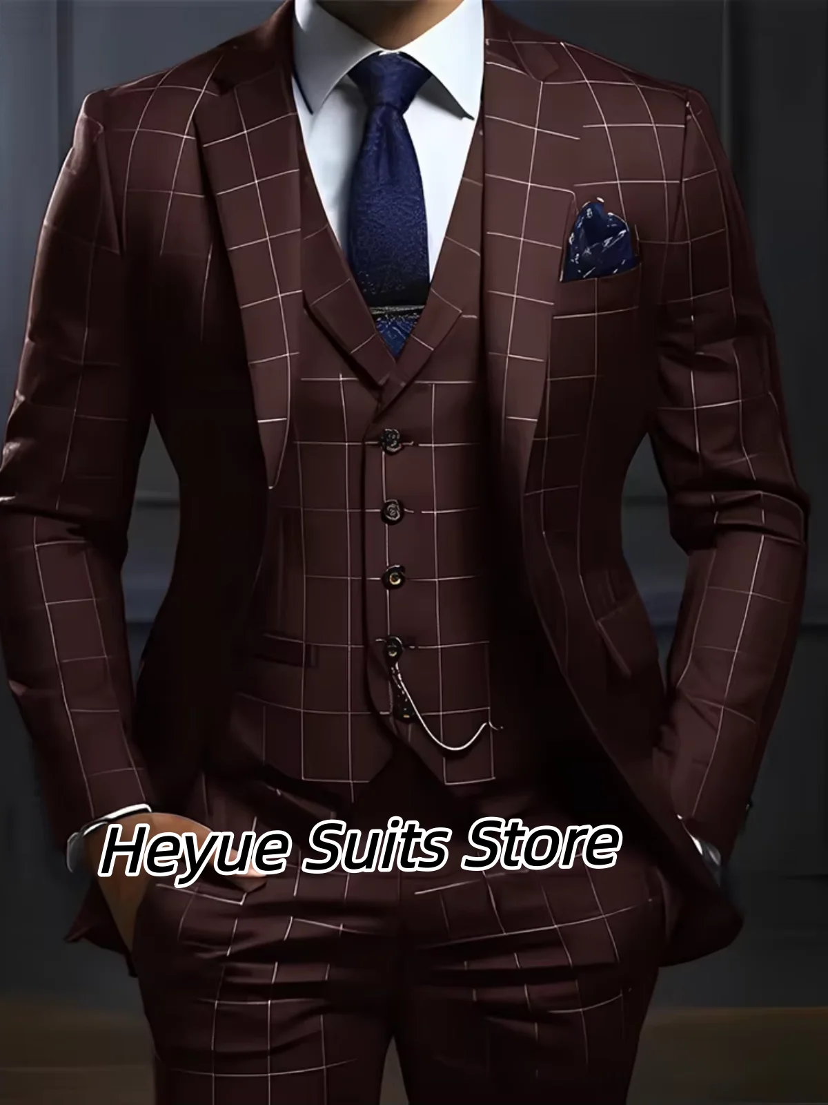 Handsome Business Plaid Men Suits Customized Slim Fit Notched Lapel Male Prom Blazers 3 Pieces Sets Formal Banquet Costume Homme
