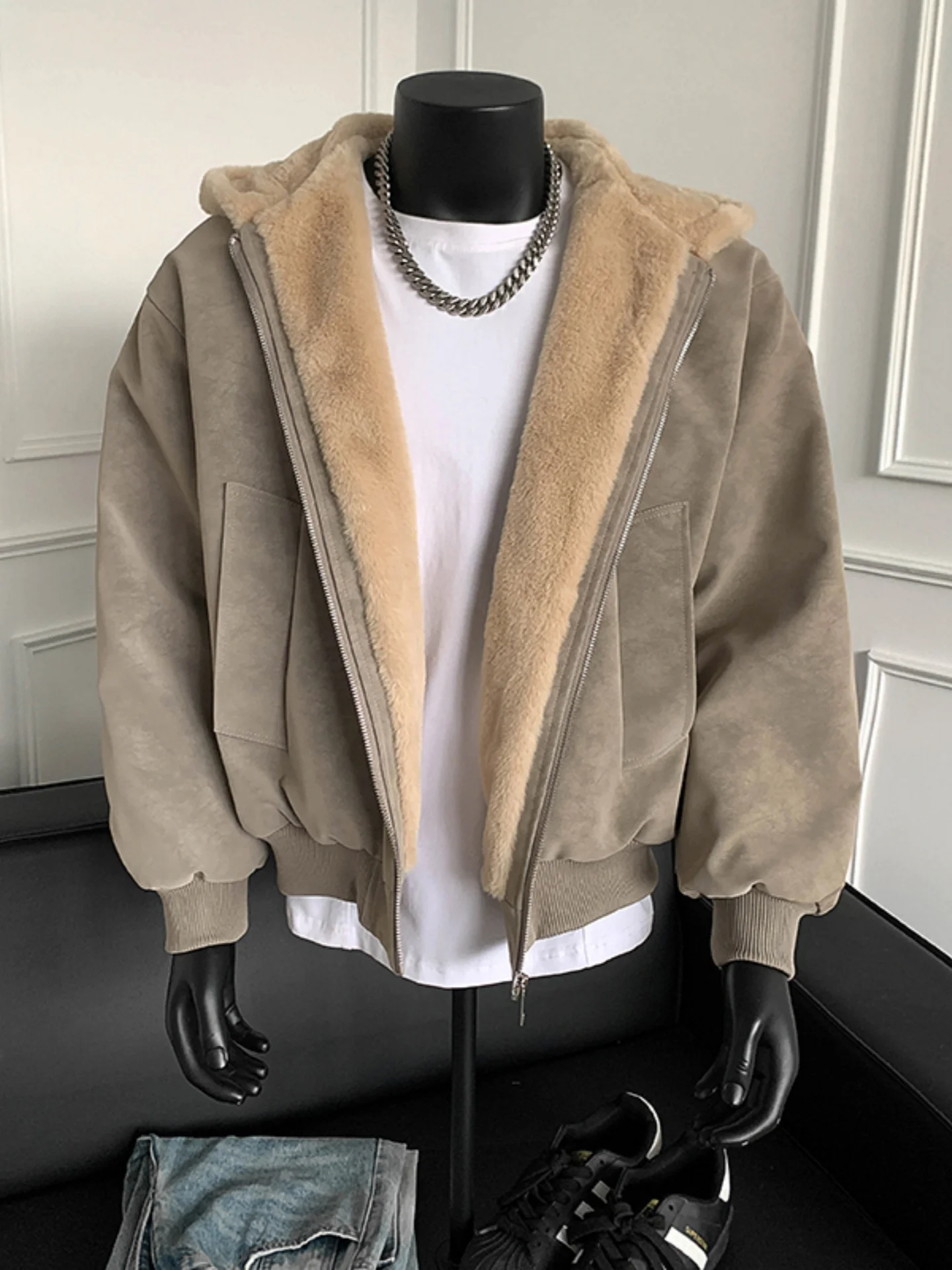 

Men's Winter Thiened Fce Lined eepskin Jaet Faionable Urban Sle Long Sve Zipper Closure ort Coat