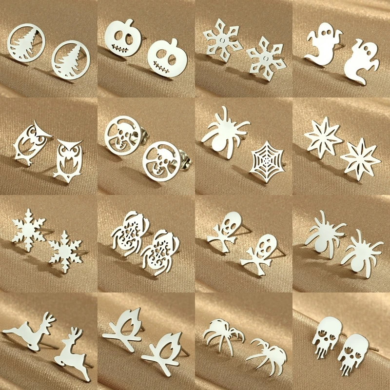 

Christmas Snowflake Deer Tree Ear Stud Stainless Steel Earrings for Women Girl Jewelry Funny Halloween Spider Ghost Pumpkin Gift