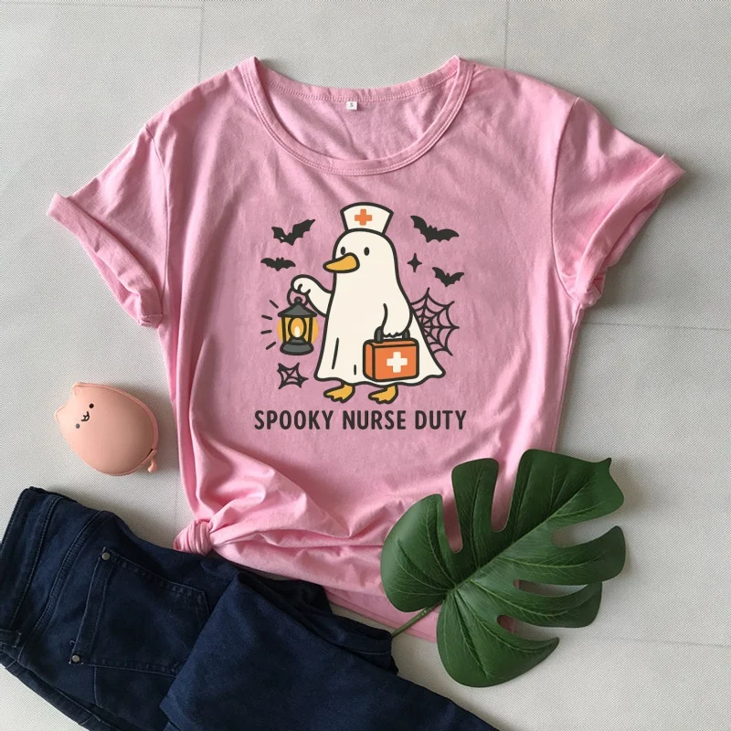 Spooky Nurse Duck First-aid kit Graphic Print Halloween Tshirt Women Cotton Lady Clothes Cute O Neck Colorful Short Sleeve Tees
