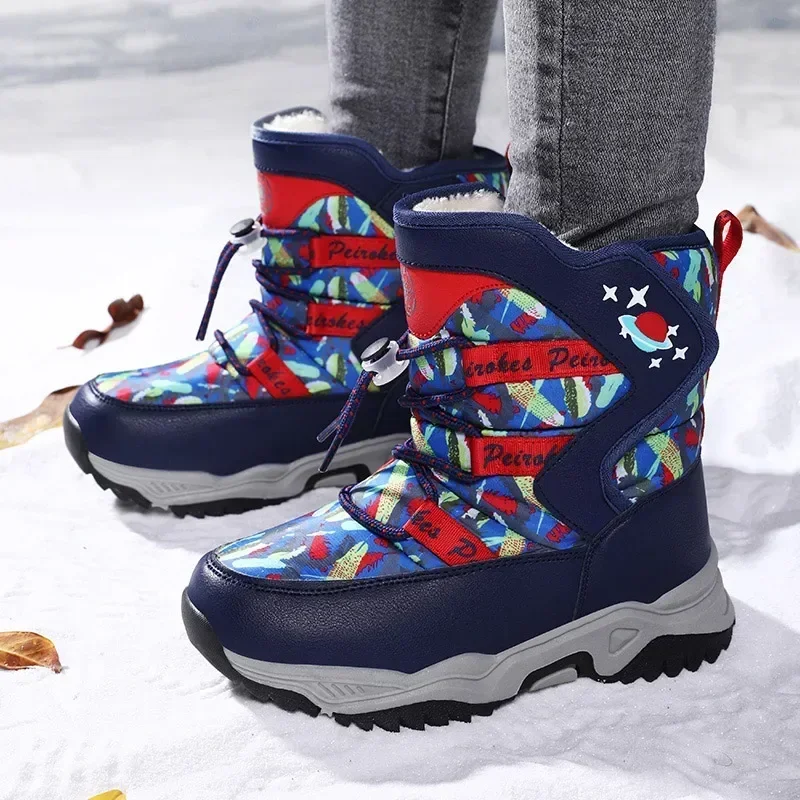 Winter Children Plush Shoes Boys Snow Boots Rubber Sole Colorful Printing Booties Kids Footwear Size 26-38# From 4-9Y 9969