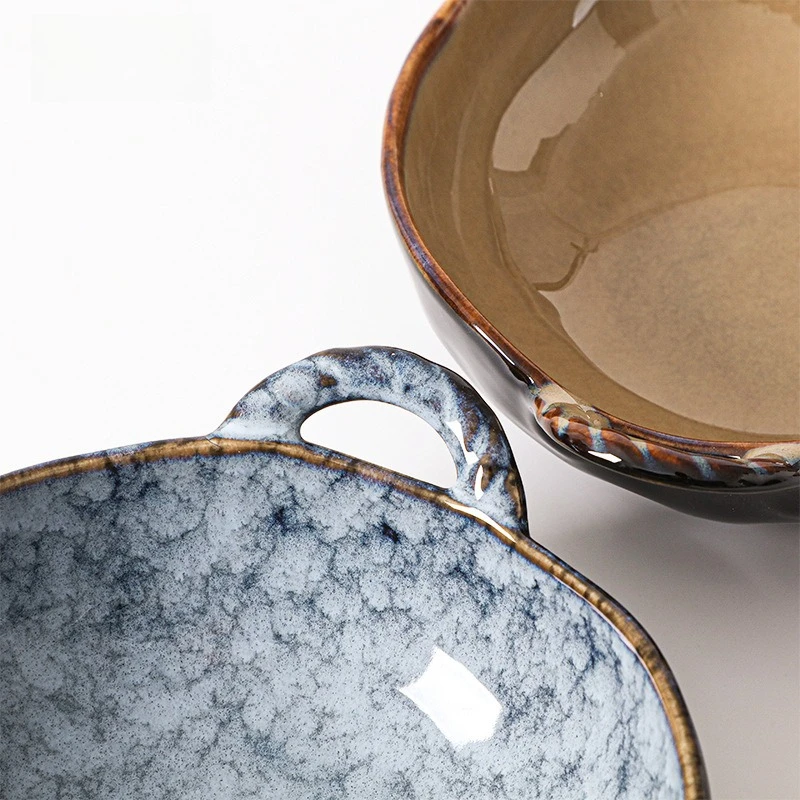 High Aesthetics Ceramic Bowl Irregular Design Double Ears Heatproof Noodle Soup Bowl