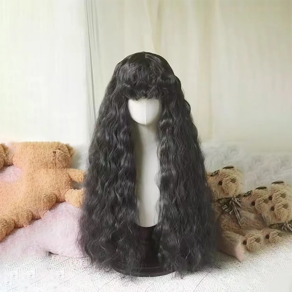 شعر صناعي مجعد صغير مموج 80 سم مع غرة، رقيق بشكل طبيعي، مناسب للحفلات اليومية للنساء، شعر مستعار لوليتا