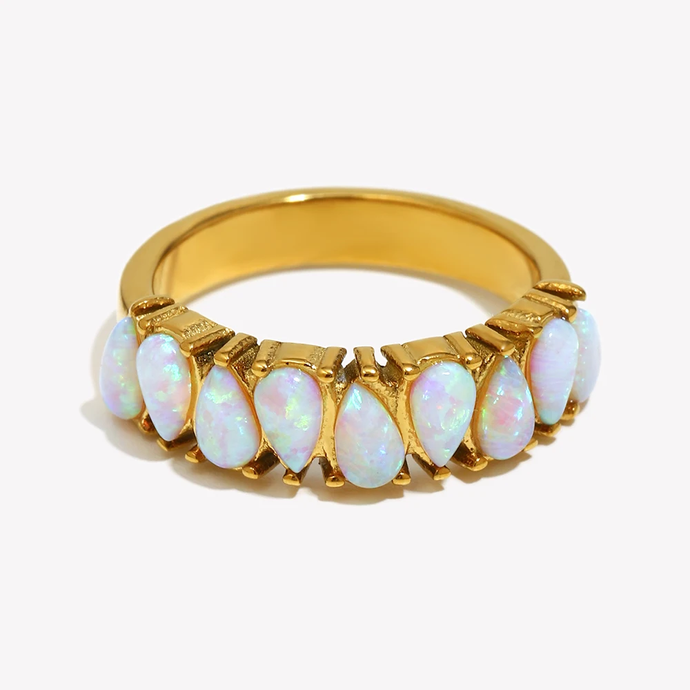 E.B.belle Fashion One Row Droplet Blue Opal Stone Ring PVD Plated 316L Stainless Steel Luxury Women Party Wedding Finger Jewelry