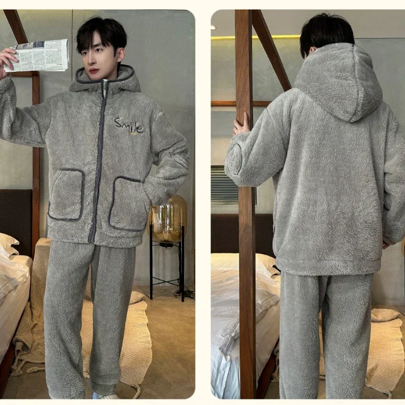 Coral Fleece Pajama Sets Men Winter Warm Sleepwear Long Sleeve Trouser Pajamas Flannel Thick Homewear Zipper Hooded Pajamas