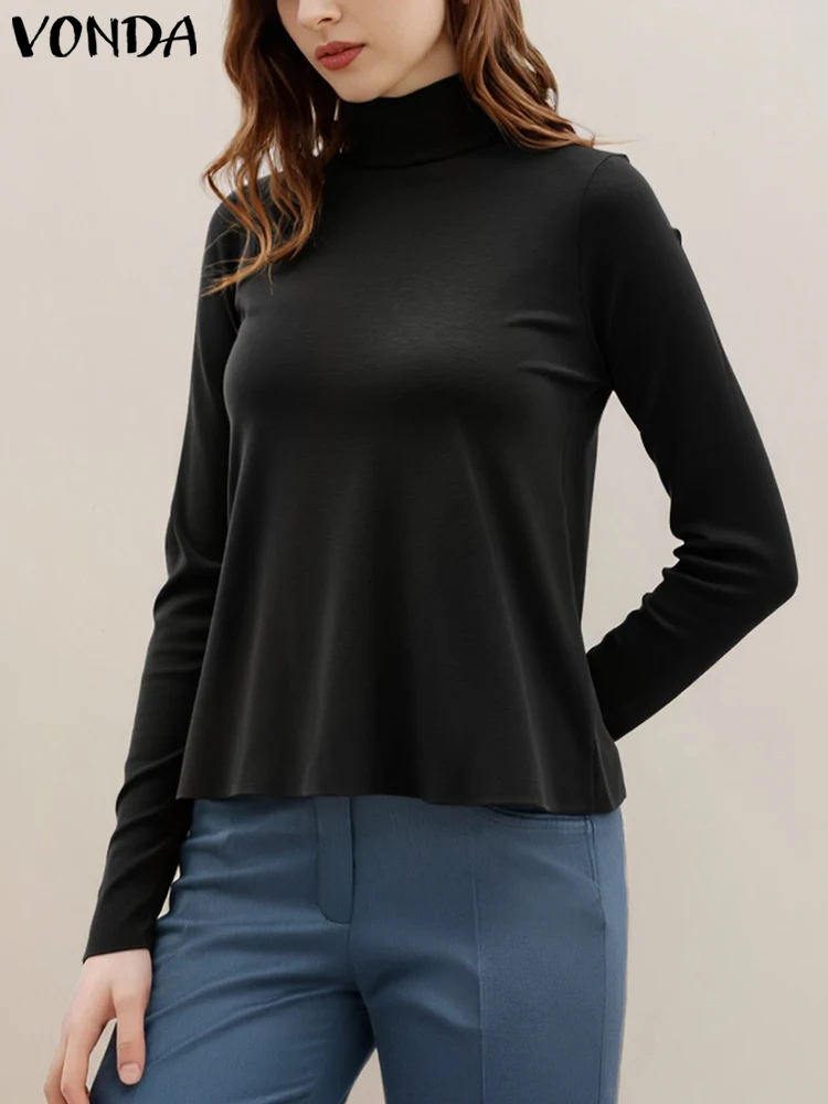 

2025 модные пуловеры, свитера VONDA, женские водолазки, вязаные джемперы, осень-зима, одежда с длинными рукавами, однотонные базовые мягкие топы