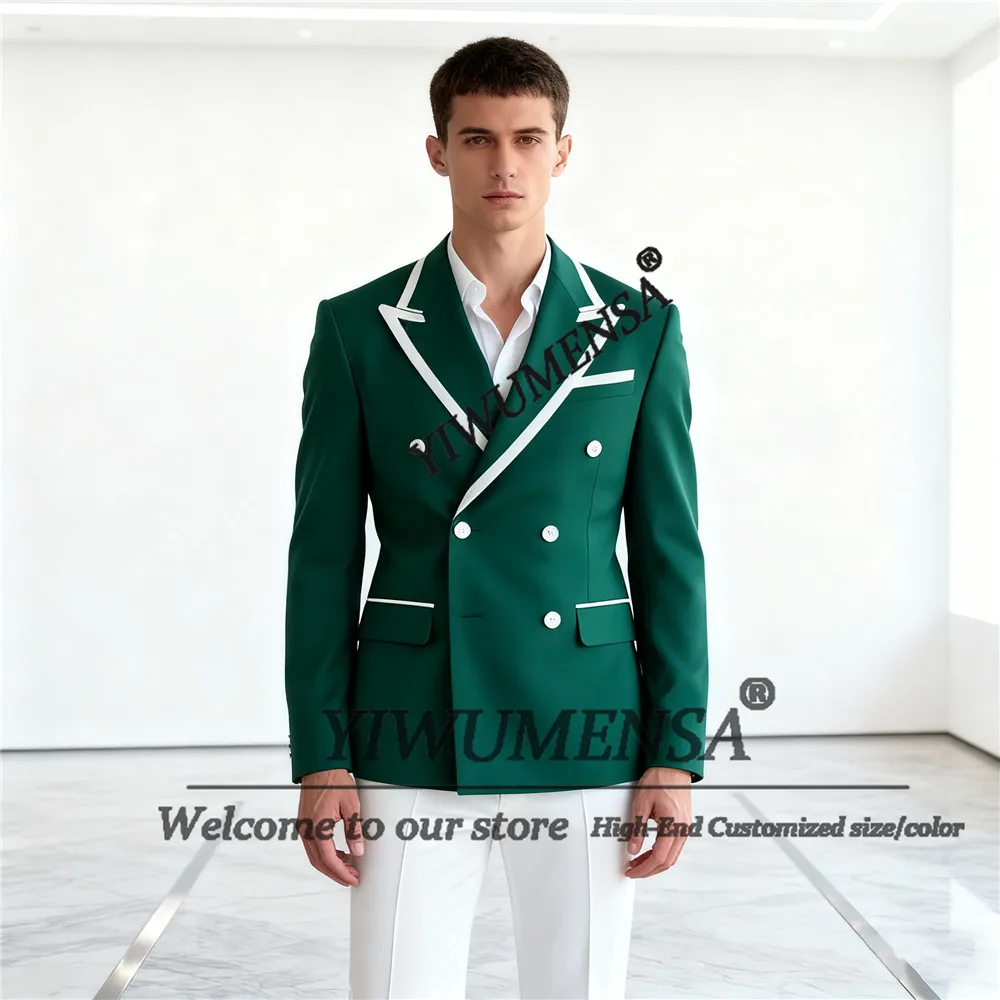 

Classic Preppy Style Suit Men 2 Piece Set Double Breasted Jacket Pants Customized White Border Prom Blazer Groom Party Tuxedos
