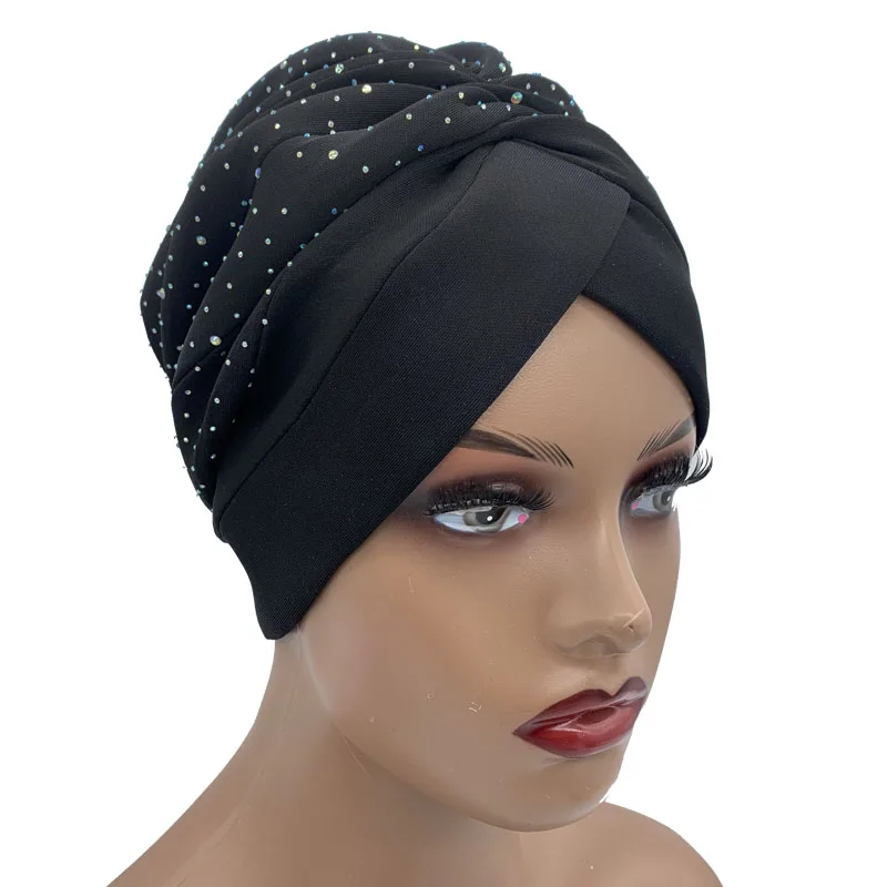 Glitter Diamond Pleated Turban Hat for Women Muslim Headscarf Cap Lady Head Wrap Bonnet Fashion Hijab Turbans African India Hats