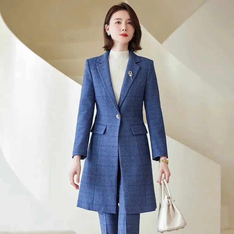 

High Quality Fabric Autumn Winter Middle Long Windbreaker Professional Office Work Wear Career Interview Blazers Outfits Set