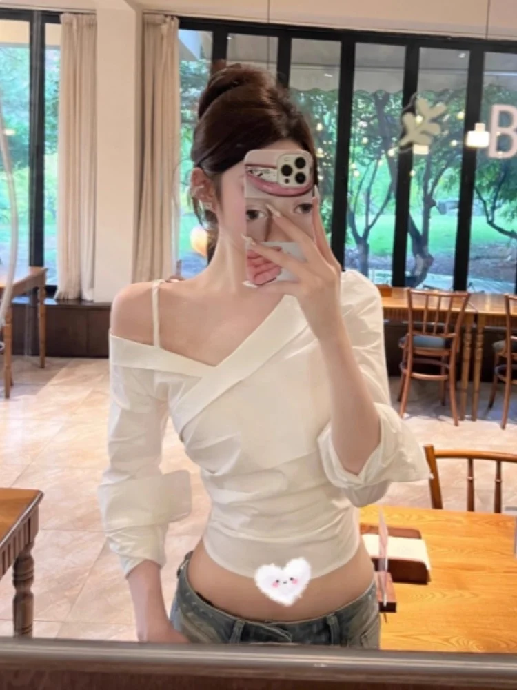 

Ele ort Svel V-ne White irt Women's Slim Fit Cross Design Luxury Faion Ciwalk Sle Lightweight Polyester