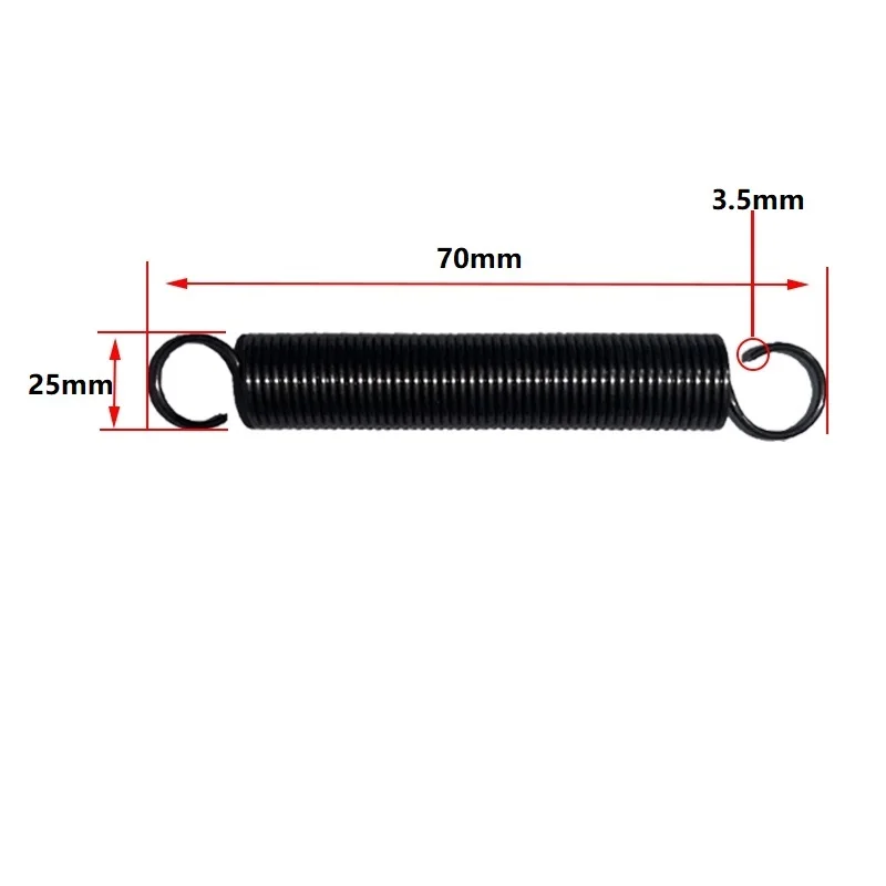 

Индивидуальная длина 70 мм, пружина с одним крючком из пружинной стали, пружина растяжения, диаметр проволоки 3,5 мм, внешний диаметр 25