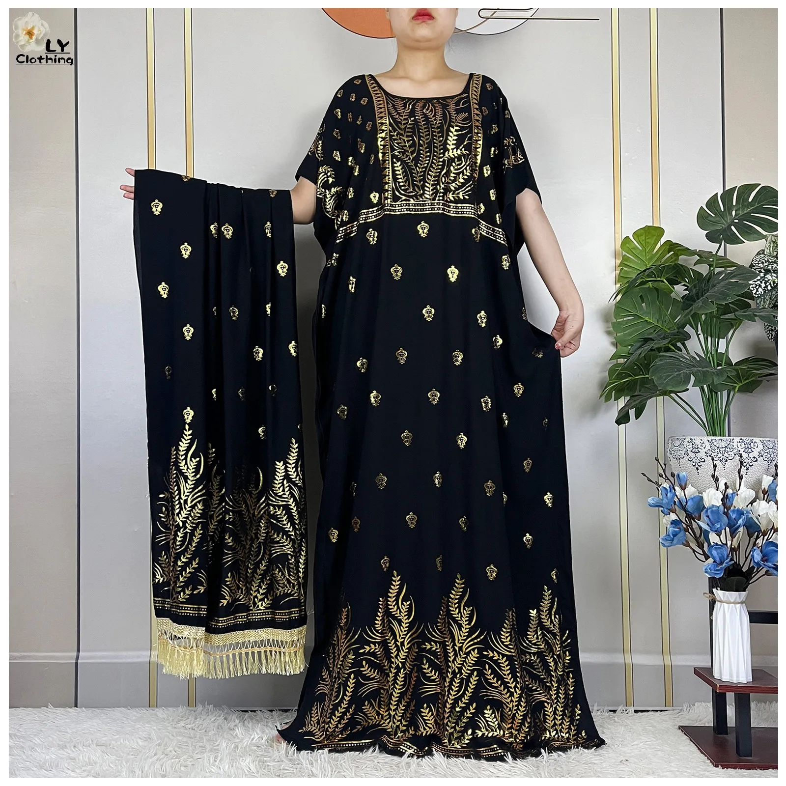 

Latest Summer Muslim Suit Women Short Sleeve Robe African Abaya Gold Stamping Boubou Maxi Islam Femme Loose Dress With Big Scarf