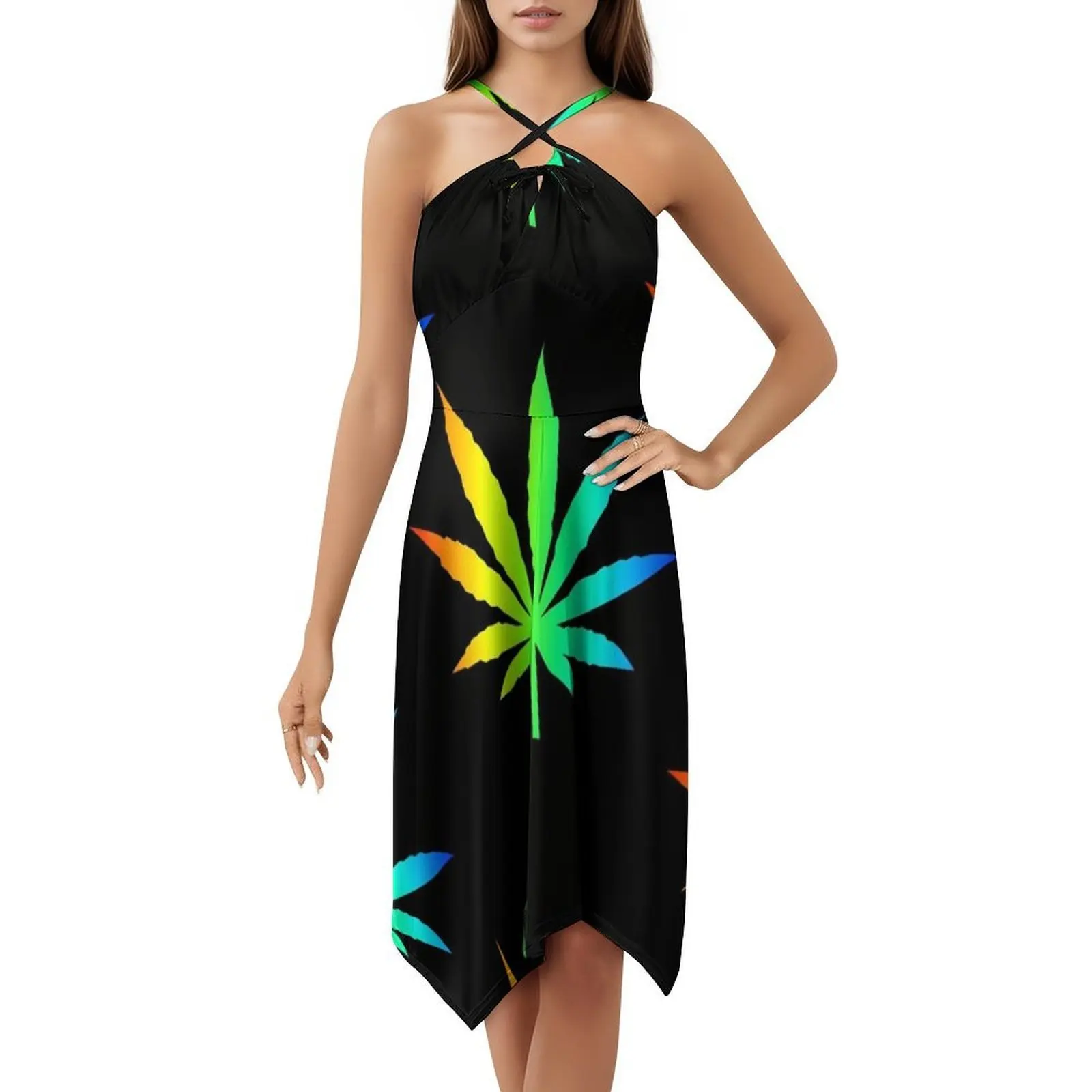 فستان بوهيمي بدون أكمام بأوراق قوس قزح متعدد الطباعة لحفلات العطلات على الشاطئ فستان حفلات هاش براونيز ينضعي Thc High Tokin للسيدات