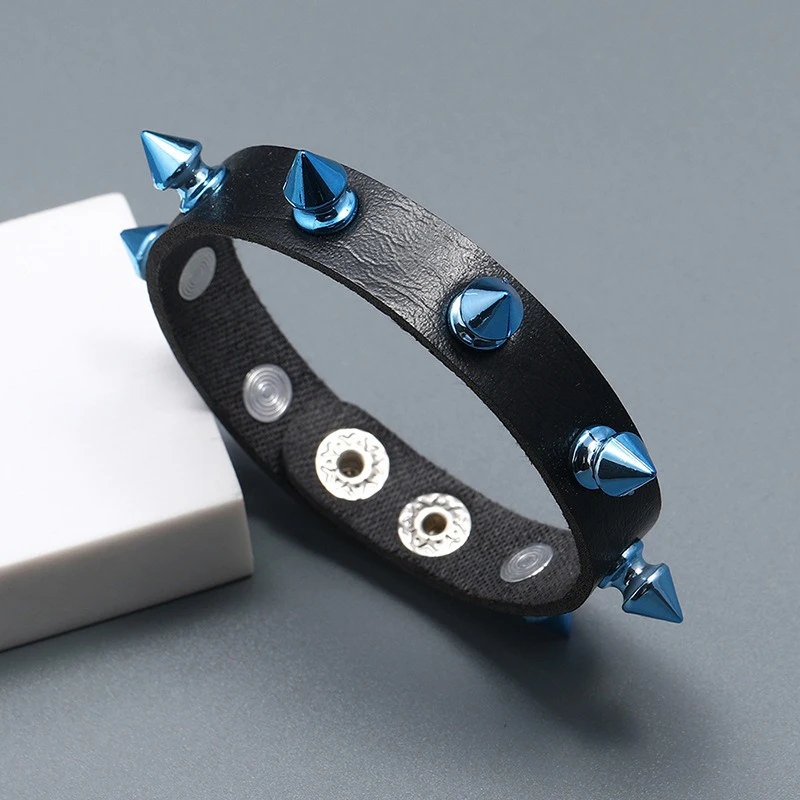 Punk Style Blue Red ABS Plastic Spikes Bracelets for Men and Women Adjustable Black Artificial Leather Bangles Fashion Jewelry