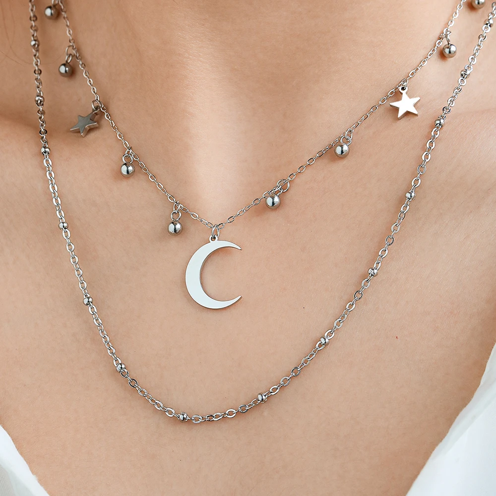 Stainless Steel Necklaces Elegant Romantic Star Moon Pendant Multilayer Chain Necklace For Women Jewelry Banquet Fine Gift New