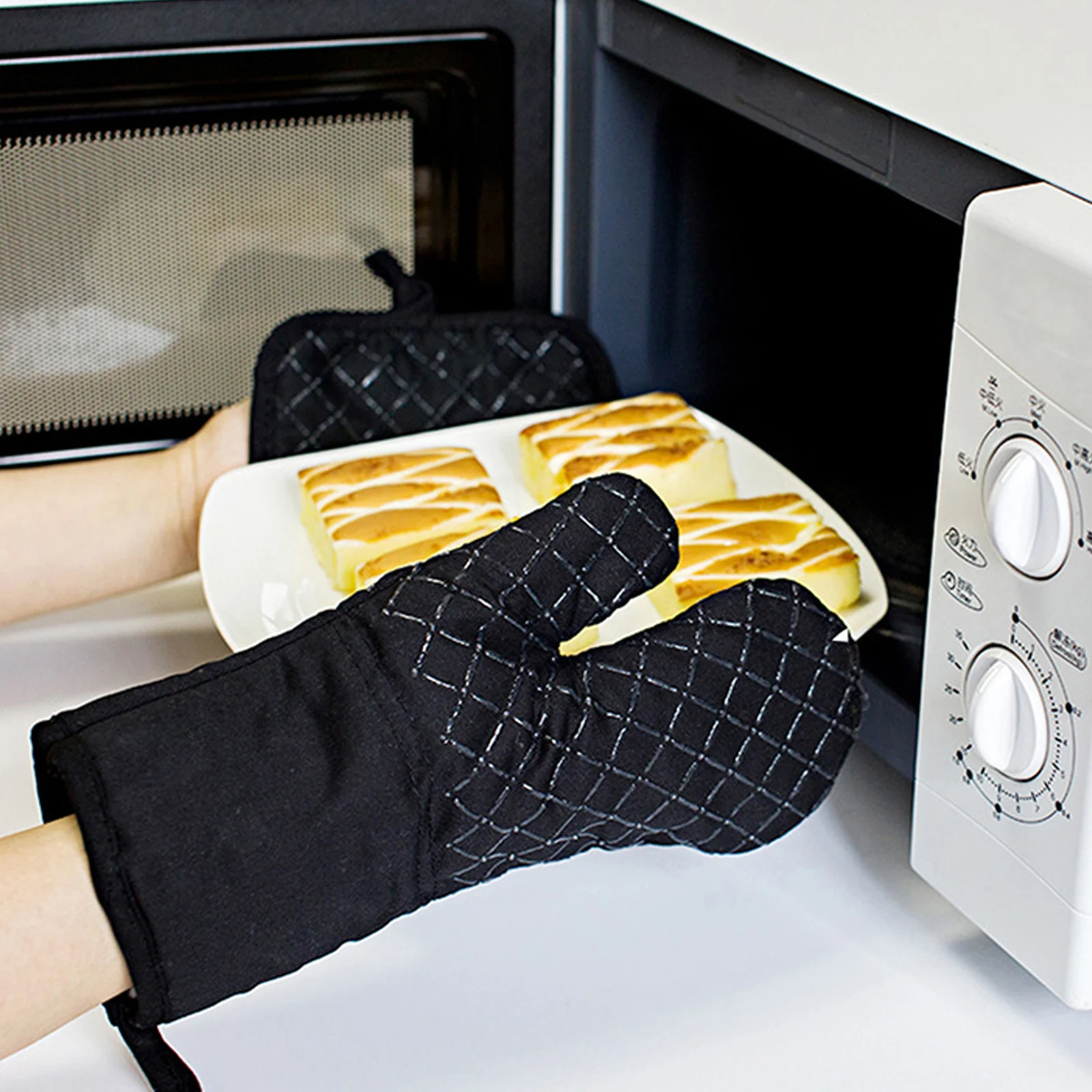 

Adjustable Kitchen Set Oven Gloves Pot Holders Silicone Cotton Mitts Cooking Apron Nonslip Heat Resistant Baking Grilling