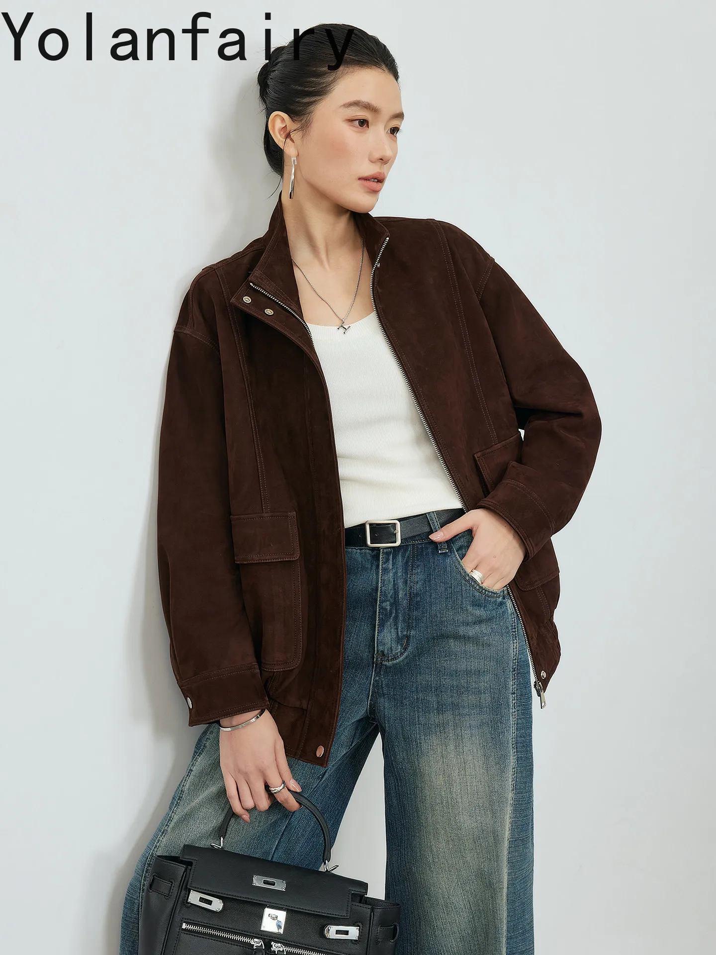 YOLANFAIRY Genuine Leather Jacket Women Fashion Real Cowhide Suede Leather Coat Women Clothes Spring Autumn Mid-length Jackets