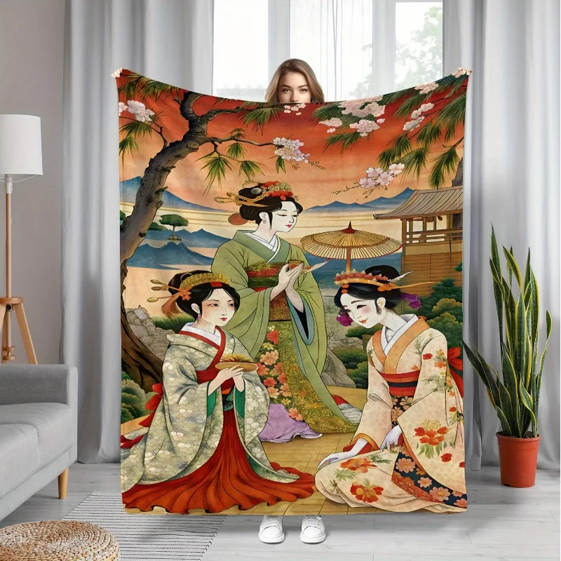 Japanese Geisha Floral Landscape Print Flannel Blanket - Throw for Sofa, Bed, Travel & Home Decor, Art Contemporary Style