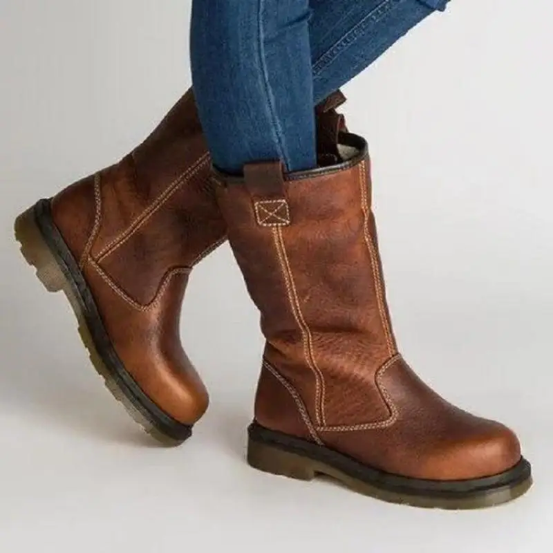 Damen Braune Halbhohe Stiefel Winter Warm Kunstfell Gefütterte Manschette Gummisohle Schuhe Lässiger Niedriger Absatz Runde Zehenpartie Slip-On Outdoor-Stiefel – Detail 2