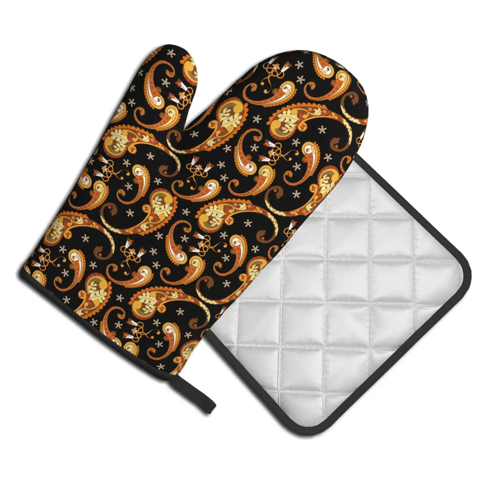 

Paisley Pattern Oven Mitts and Pot Holders Sets of 2 Resistant Hot Pads with Polyester Non-Slip Glove for Kitchen Cooking Baking