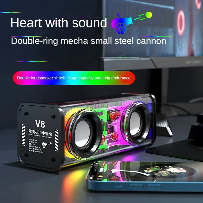 

Mini Steel Cannon Bass Series Creative Gift Sound Night Lamp Transparent Mecha Bluetooth Speakers V8 Dazzling Light Dual Speaker