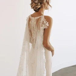 VG59 Bridal Cape Veil Pearl Beaded Wedding Veil Lace Edge Bolero Jacket Womens Plus Size Shawl Bride Accessories Wedding Coat