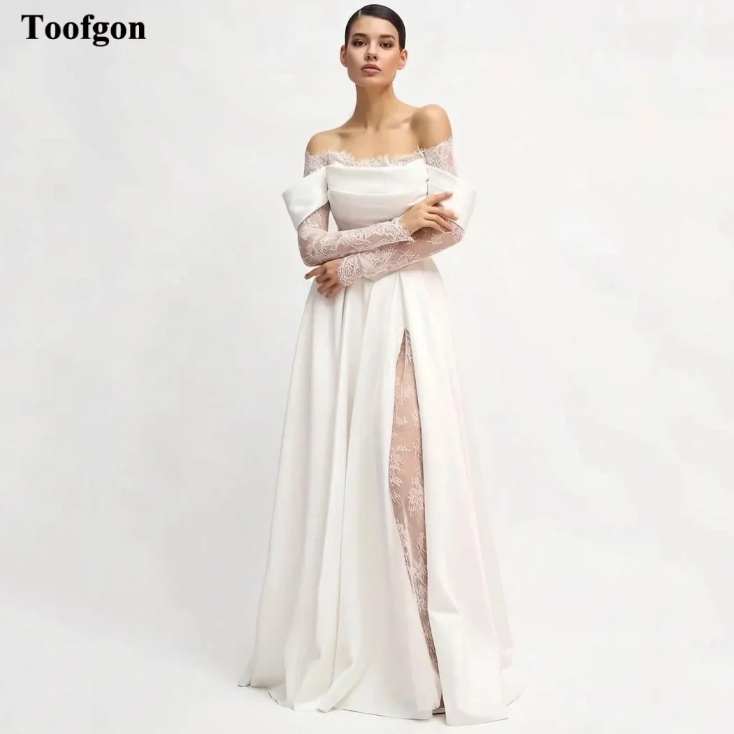 Toofgon A Line Soft Satin Bride Wedding Dresses Customized Lace Long Sleeves Bridal Dress Corset Slit Wedding Photography Gowns