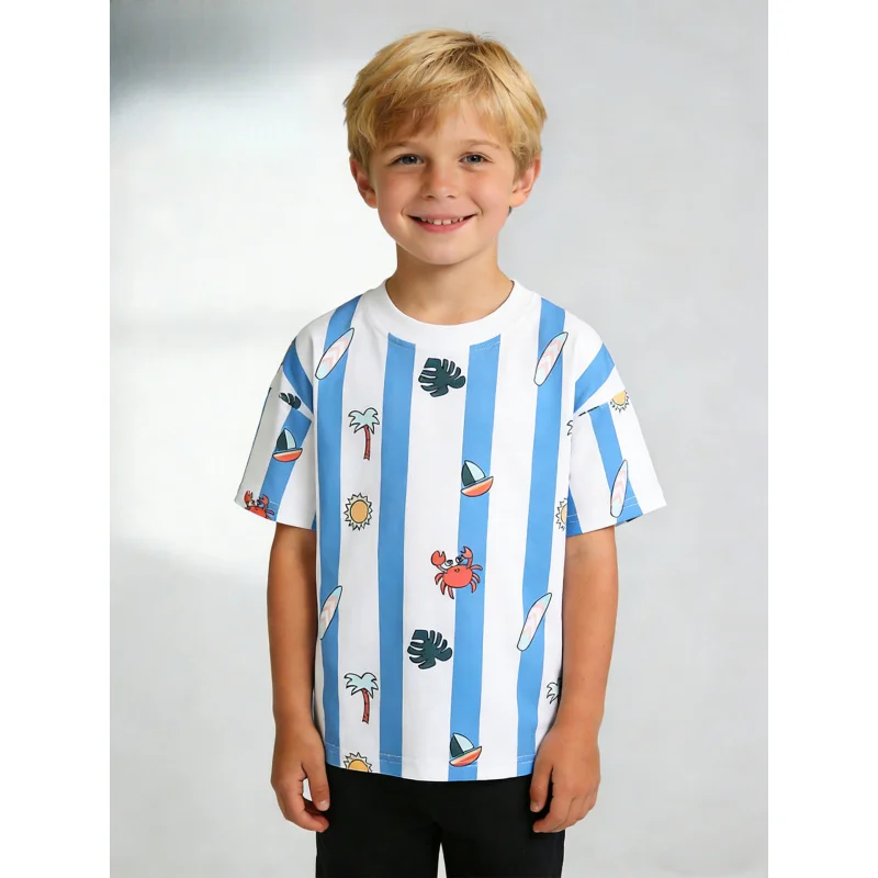 

2026 New 3-8 Years Old Children's Short-Sleeved Shirt - Spring/Summer Cartoon Animal Stripes Print
