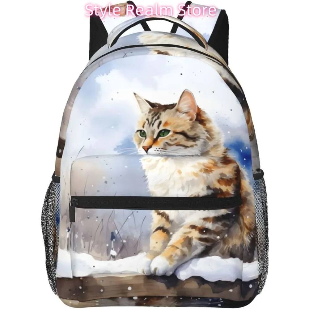 

Watercolor Cat Winter Snow Lightweight Laptop Backpack Lightweight Multipurpose Travel Casual Daypack Unisex College Backapcks