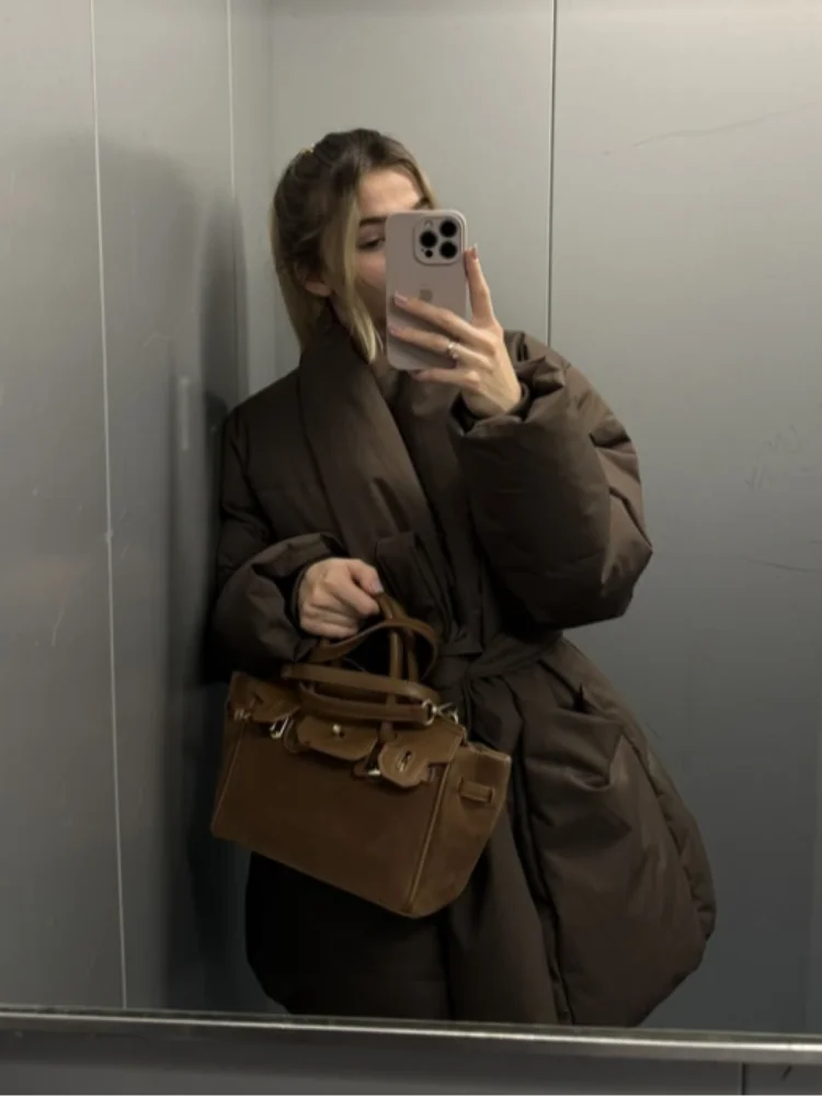 Warm Cotton-padded Lace Up Jacket Women Solid Full Sleeve Stand Collar Loose Jackets Female 2025 Autumn Thicken Outwear Lady New