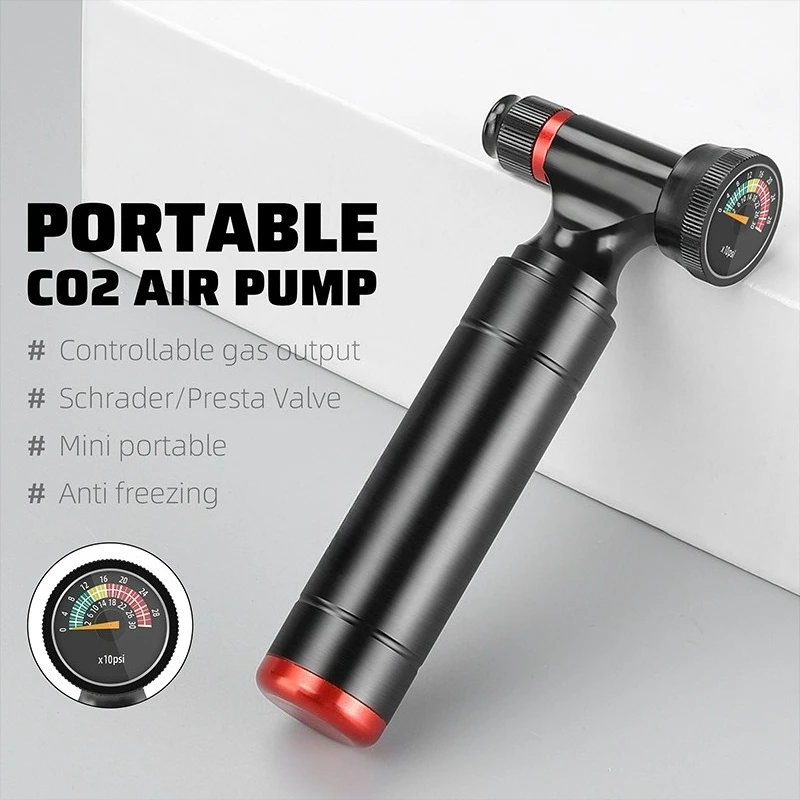 

Портативный насос для велосипедов с CO2, универсальный для клапанов Presta и Schrader, быстрое накачивание одной кнопкой, металлический корпус с защитой от замерзания, с манометром